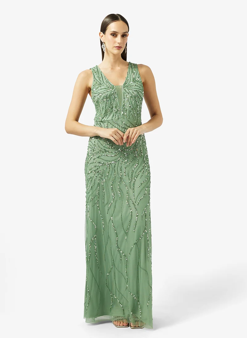 Plunge Neck Bead Embellished Evening Dress